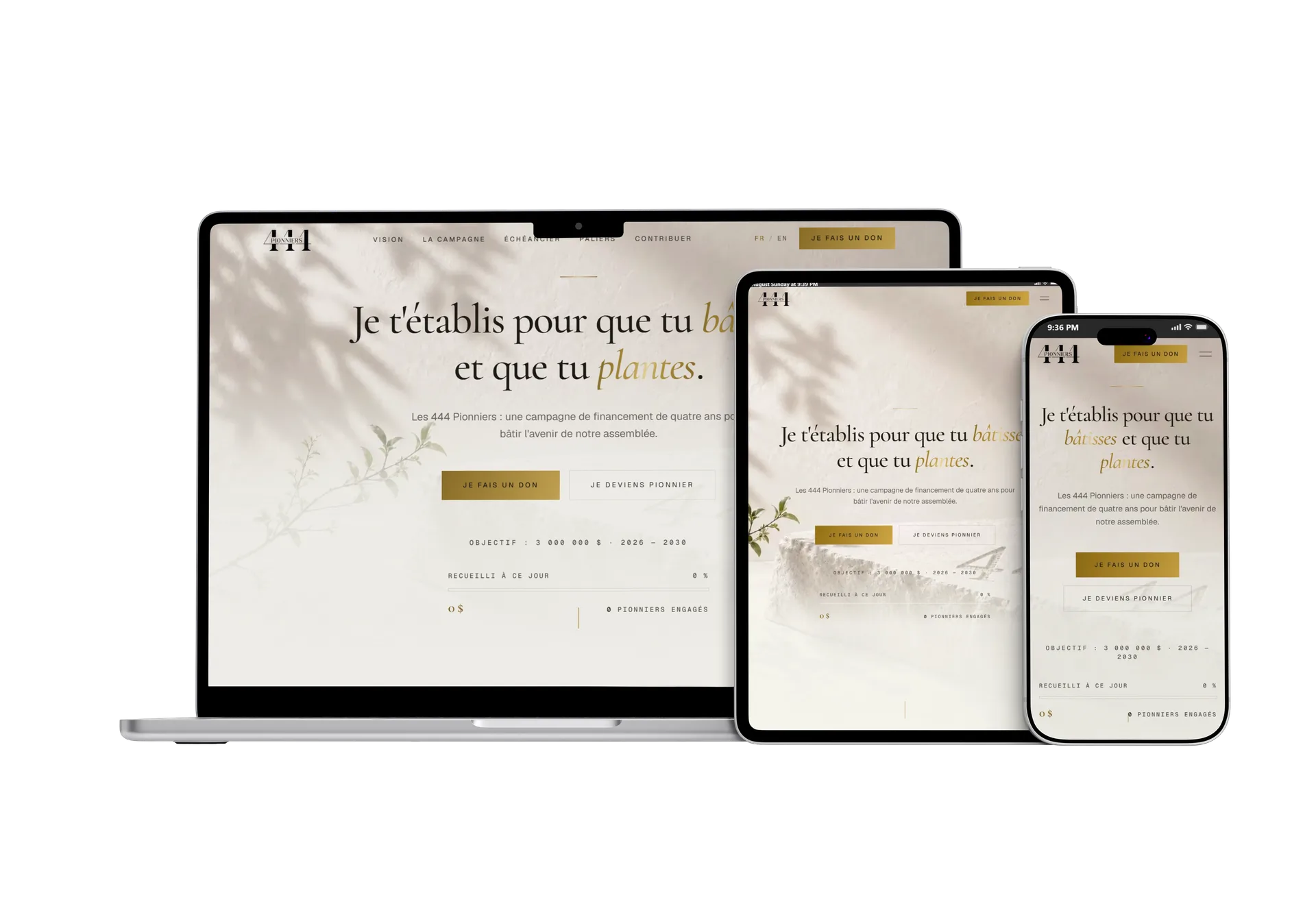 The 444 Pionniers site on laptop, tablet, and phone