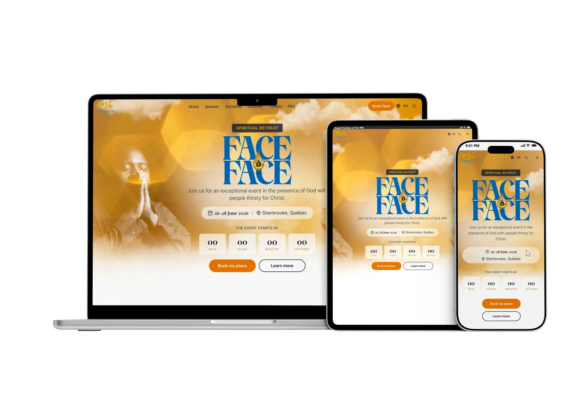 The Retraite face à face site on laptop, tablet, and phone